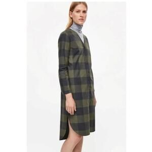 COS Plaid Tunic Shirt Dress Cotton Long Sleeve Minimalist Olive Sz 42 lagenlook